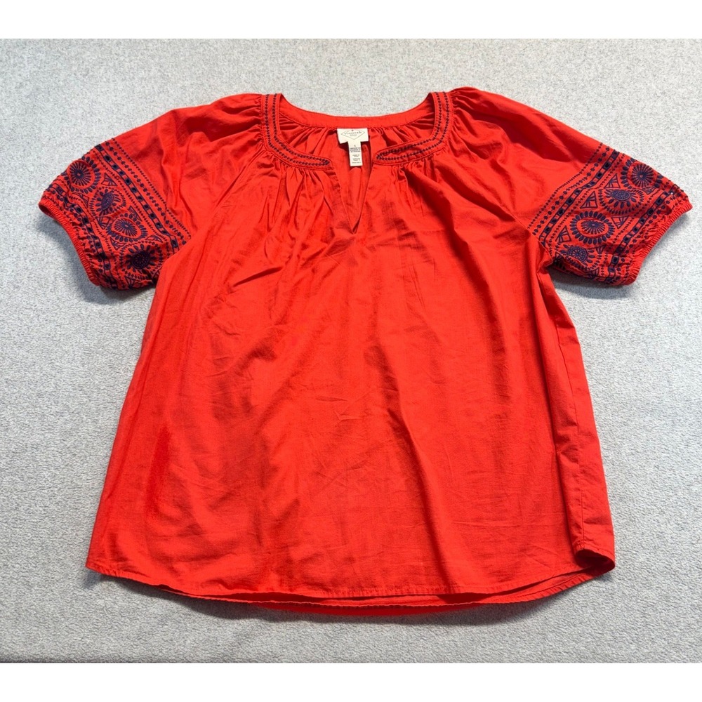 St Johns Bay Blouse Womens L Red Navy Embroidered Cotton Boho Peasant Top Flowy